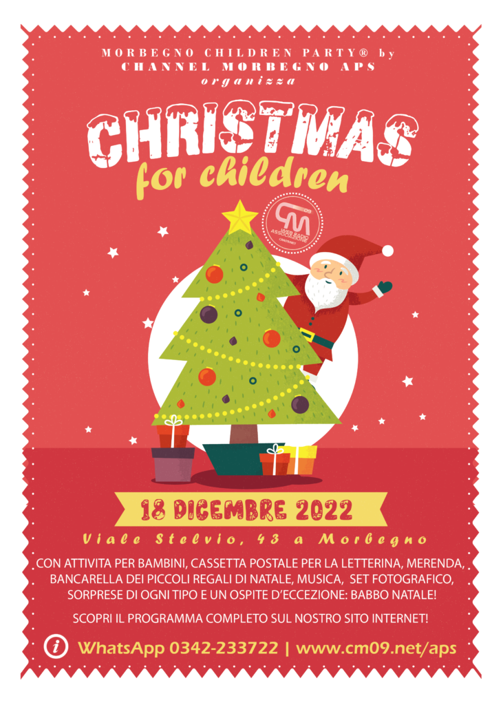 Locandina evento "Christmas for Children", con babbo natale appeso ad un abete